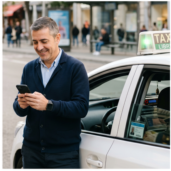 señor apoyado en un taxi mirando su móvil